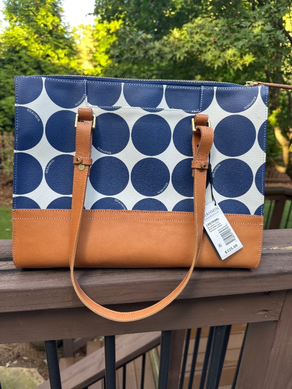 NWT Brahmin Navy Blue & White Large Polka Dot Medium Tote Bag